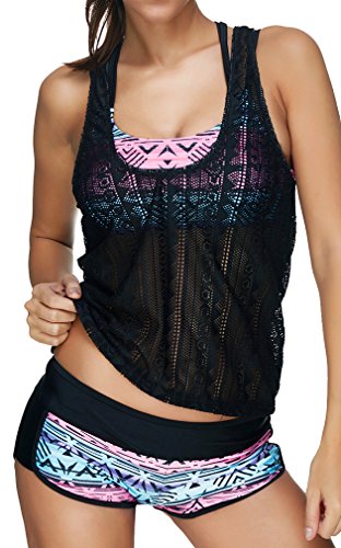 EUDOLAH Bañador Mujer 3 Piezas Top Deportivo Negro Yoga Fitness Chaleco Pantalones Cortos con Estampado Calico A- Rosa,XXX-Large