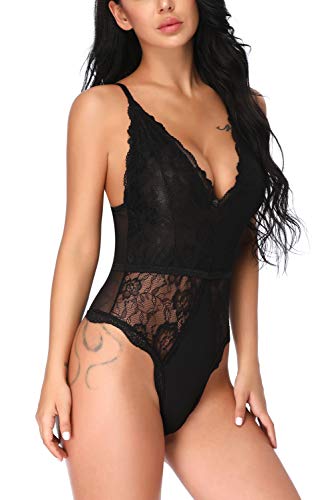 EVELIFE Body Mujer Erótica Ropa Interior Lingerie Sexy Lenceria Encaje Floral Cuello V Una Pieza Lencería Transparente(Negro M)