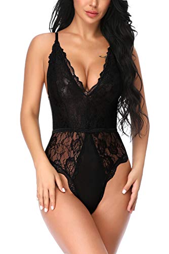 EVELIFE Body Mujer Erótica Ropa Interior Lingerie Sexy Lenceria Encaje Floral Cuello V Una Pieza Lencería Transparente(Negro M)