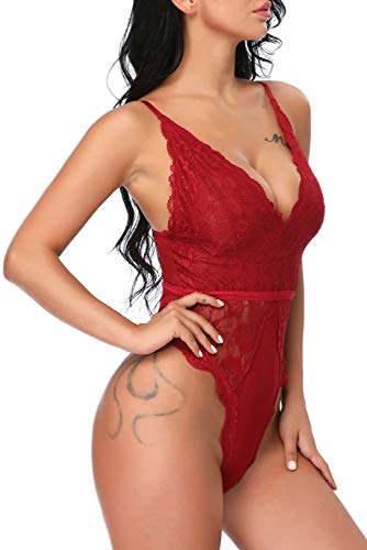 EVELIFE Body Mujer Erótica Ropa Interior Lingerie Sexy Lenceria Encaje Floral Cuello V Una Pieza Lencería Transparente(Vino Tinto S)