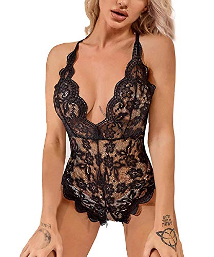 EVELIFE Body Mujer Sexy Lenceria Encaje Transparente Lingerie Profundo V Ropa Interior Lencería Una Pieza(Negro XL)