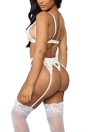 EVELIFE Conjunto de Lencería Mujer Sujetadores con Liguero Sexy Lencería 3 Piezas Tanga y Liguero Sin Medias(Blanco M)