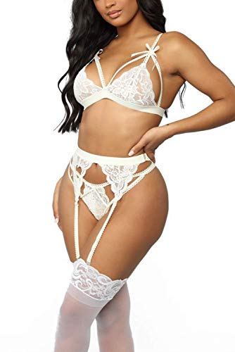 EVELIFE Conjunto de Lencería Mujer Sujetadores con Liguero Sexy Lencería 3 Piezas Tanga y Liguero Sin Medias(Blanco M)