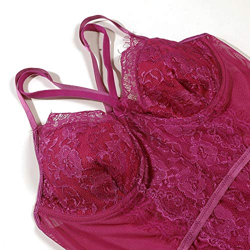 EVELIFE Mujer Conjunto De Mono Lencería De Sexy Encaje Transparente con Body Interior Tirantes Body Tanga v Neck Babydoll Teddy(Aros-Rojo Vino S)