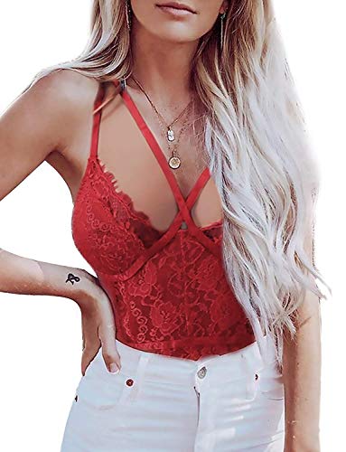 EVELIFE Mujer Conjunto De Mono Lencería De Sexy Encaje Transparente con Body Interior Tirantes Body Tanga v Neck Babydoll Teddy(Aros-Rojo Vino S)