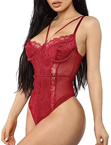 EVELIFE Mujer Conjunto De Mono Lencería De Sexy Encaje Transparente con Body Interior Tirantes Body Tanga v Neck Babydoll Teddy(Aros-Rojo Vino S)