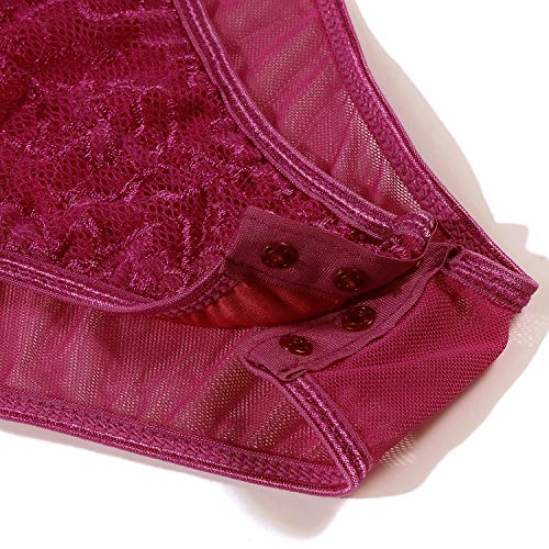 EVELIFE Mujer Conjunto De Mono Lencería De Sexy Encaje Transparente con Body Interior Tirantes Body Tanga v Neck Babydoll Teddy(Aros-Rojo Vino S)