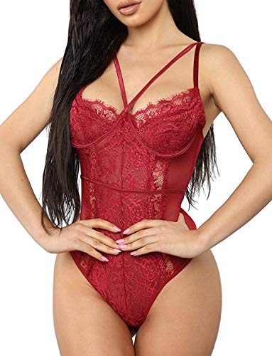 EVELIFE Mujer Conjunto De Mono Lencería De Sexy Encaje Transparente con Body Interior Tirantes Body Tanga v Neck Babydoll Teddy(Aros-Rojo Vino S)
