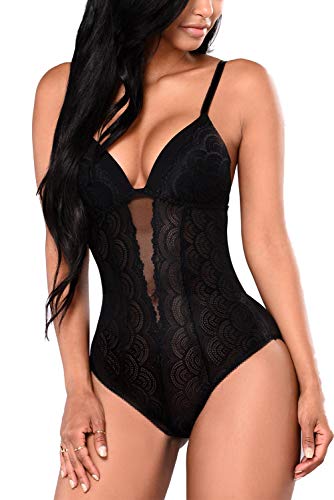 EVELIFE Mujer Erótica Ropa Interior Apretada Malla Body Elástico Mallas Encaje Floral Translúcido(Negro M)