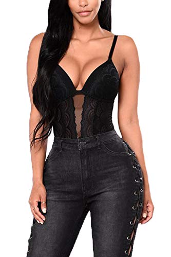 EVELIFE Mujer Erótica Ropa Interior Apretada Malla Body Elástico Mallas Encaje Floral Translúcido(Negro S)