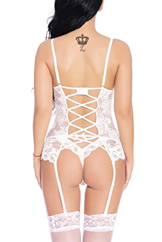 EVELIFE Mujer Sexy Conjunto de Lencería, Correa Trasera Sexy Encaje Ropa Interior + Tanga Lencería Transparente Erótico Encaje Babydoll (Blanco Medium)