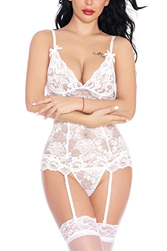 EVELIFE Mujer Sexy Conjunto de Lencería, Correa Trasera Sexy Encaje Ropa Interior + Tanga Lencería Transparente Erótico Encaje Babydoll (Blanco Medium)