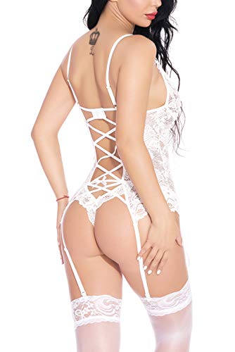 EVELIFE Mujer Sexy Conjunto de Lencería, Correa Trasera Sexy Encaje Ropa Interior + Tanga Lencería Transparente Erótico Encaje Babydoll (Blanco Small)