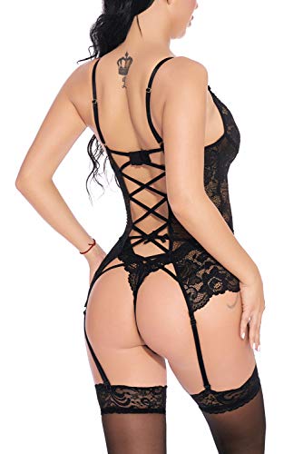 EVELIFE Mujer Sexy Conjunto de Lencería, Correa Trasera Sexy Encaje Ropa Interior + Tanga Lencería Transparente Erótico Encaje Babydoll (Negro Large)
