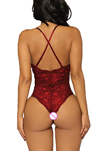 EVELIFE Sexy Lencería Mujer Encaje Teddy Body Profundo V Ropa Interior Snap Crotch Ropa de Dormir(Vino Rojo X-Large)