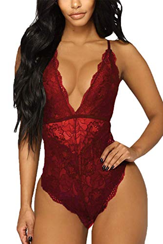 EVELIFE Sexy Lencería Mujer Encaje Teddy Body Profundo V Ropa Interior Snap Crotch Ropa de Dormir(Vino Rojo X-Large)