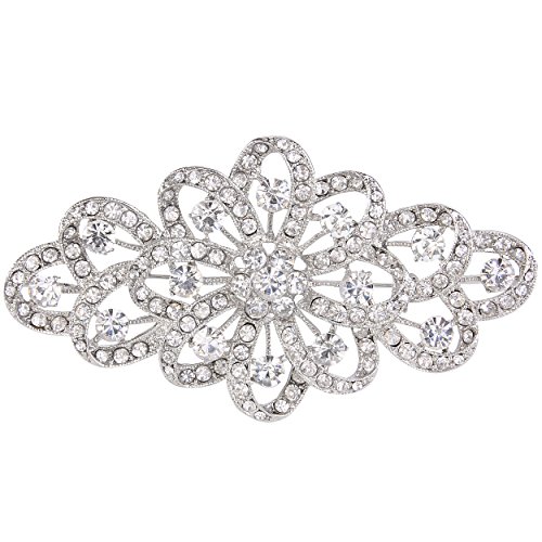 EVER FAITH Broche para Mujer Cristal Austríaco 4 Inch Flor Filigrana Boda Claro Tono Plateado