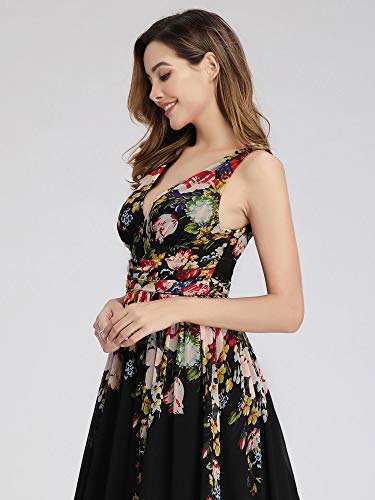 Ever-Pretty A-línea Largo Vestido de Fiesta Corte Imperio Cuello en V sin Mangas para Mujer Negro y Flores 40
