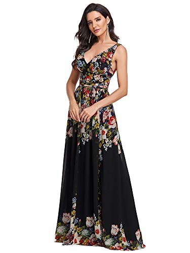Ever-Pretty A-línea Largo Vestido de Fiesta Corte Imperio Cuello en V sin Mangas para Mujer Negro y Flores 40
