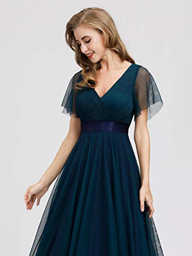 Ever-Pretty A-línea Tul Vestido de Noche Manga Corta Cuello en V Largo para Mujer Azul Marino 36