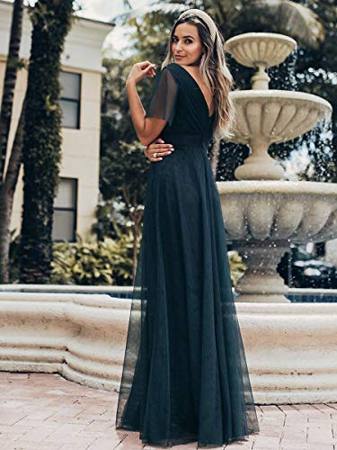 Ever-Pretty A-línea Tul Vestido de Noche Manga Corta Cuello en V Largo para Mujer Azul Marino 36