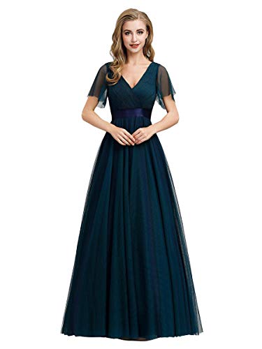 Ever-Pretty A-línea Tul Vestido de Noche Manga Corta Cuello en V Largo para Mujer Azul Marino 36