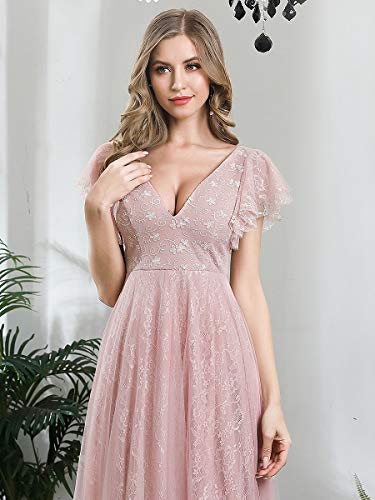 Ever-Pretty Encaje Tul Vestido de Boda A-línea Cuello en V Manga Corta Corte Imperio para Mujer Rosado 42