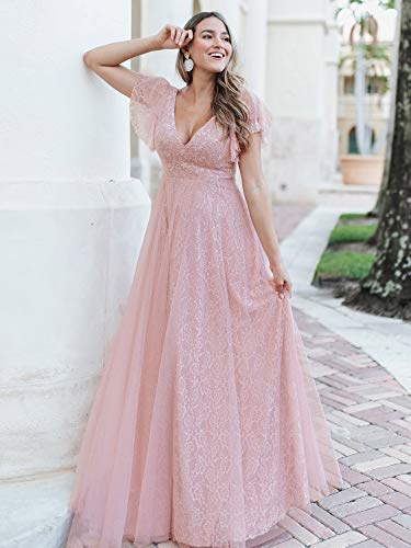 Ever-Pretty Encaje Tul Vestido de Boda A-línea Cuello en V Manga Corta Corte Imperio para Mujer Rosado 42