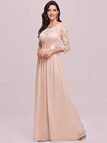 Ever-Pretty Vestido de Dama de Honor Encaje Gasa Cuello Redondo Manga 3/4 Corte Imperio A-línea para Mujer Sonrojo 36