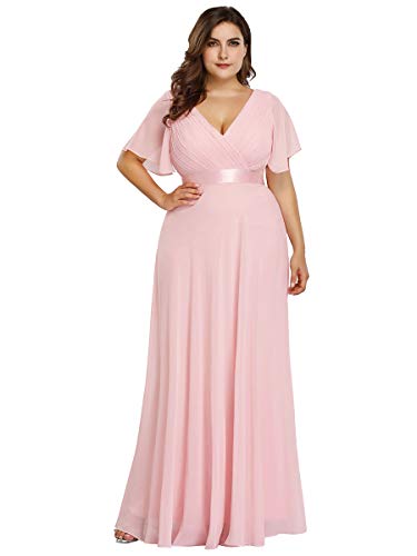 Ever-Pretty Vestido de Fiesta Noche Largo para Mujer Cuello V Manga Corta Talla Grande Rosa 58