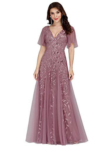 Ever-Pretty Vestidos de Fiesta Mujer Largo Tul Lentejuelas Escote V A-línea Elegantes Orquídea 36