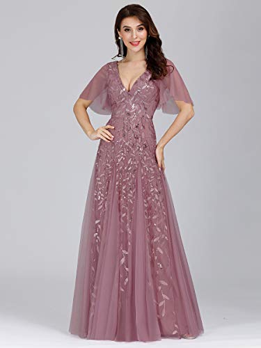 Ever-Pretty Vestidos de Fiesta Mujer Largo Tul Lentejuelas Escote V A-línea Elegantes Orquídea 36
