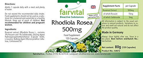 Extracto de Rhodiola Rosea 500mg - VEGANO - Dosis elevada - 15mg de Rosavina y 5mg de Salidrosida - 120 Cápsulas