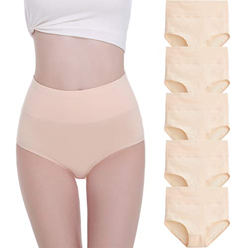 FALARY Bragas Mujer Cintura Alta Algodón 5 Piezas Beige (Piel) L