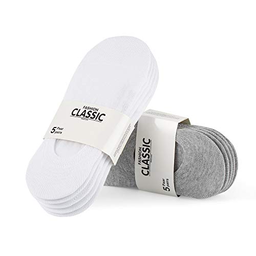 FALARY Calcetines Mujer Hombre 10 Pares Cortos Calcetines Invisibles tobillero Algodon Silicona Antideslizante Verano-grisblanco-3942