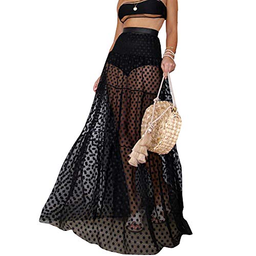Falda de Bikini Bordado Puntos Redondos para Mujer Transparente Ropa de Baño Playa Suelta de Moda Falda Larga para Bikini Verano etc (Negro, M)