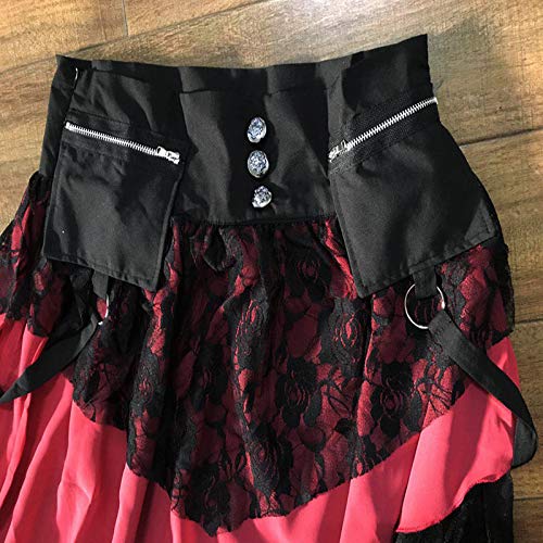 Falda de encaje con dobladillo curvo con cremallera y bolsillo para mujer, cintura alta, patchwork de roca, falda corta y retro para niñas - rojo - Medium
