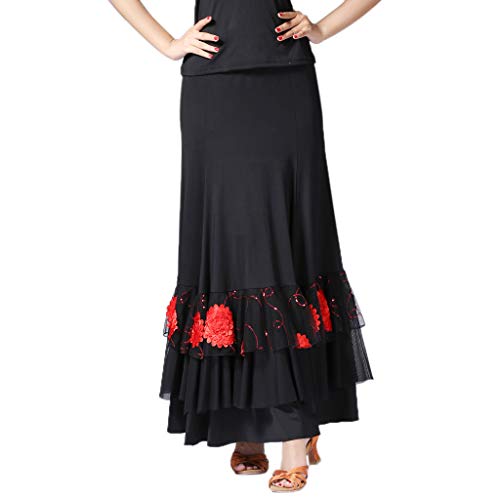 Falda de Flamenco Cintrua Alta Bordado de Flores con Lentejuelas Traje de Baile para Mujer Chica - Negro + Rojo, como se describe