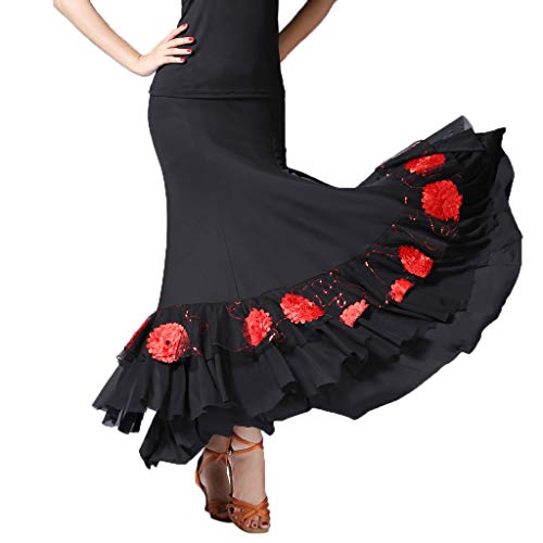 Falda de Flamenco Volante Cola de Pescado con Lentejuelas para Mujer Señora - Negro + Rojo, como se describe