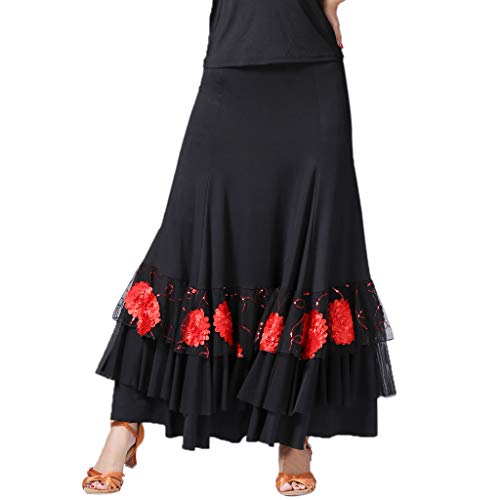 Falda de Flamenco Volante Cola de Pescado con Lentejuelas para Mujer Señora - Negro + Rojo, como se describe