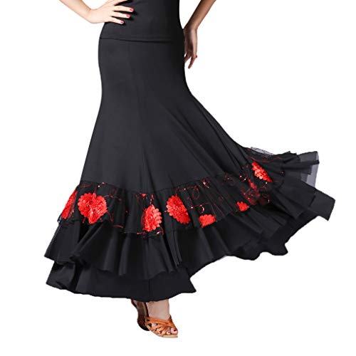 Falda de Flamenco Volante Cola de Pescado con Lentejuelas para Mujer Señora - Negro + Rojo, como se describe