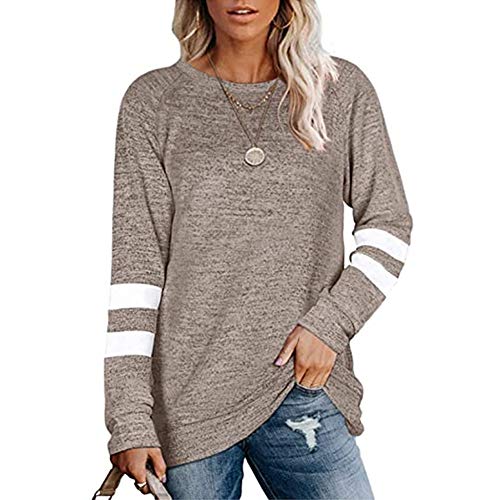Fansu Sudadera de Manga Larga con Estampado de Rayas Cuello Redondo para Mujer - Sudaderas Sin Capucha Otoño e Invierno Juventud Moda Casual Anchas Sweatshirt Pullover (Marrón,L)