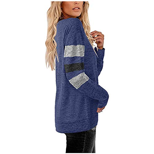 Fansu Sudadera de Manga Larga con Estampado de Rayas Cuello Redondo para Mujer - Sudaderas Sin Capucha Otoño e Invierno Juventud Moda Casual Anchas Sweatshirt Pullover (Azul Marino,L)