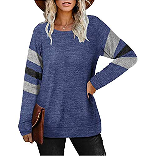 Fansu Sudadera de Manga Larga con Estampado de Rayas Cuello Redondo para Mujer - Sudaderas Sin Capucha Otoño e Invierno Juventud Moda Casual Anchas Sweatshirt Pullover (Azul Marino,L)