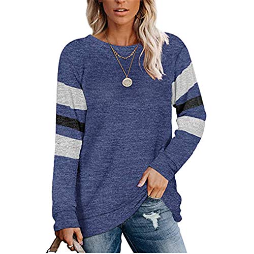 Fansu Sudadera de Manga Larga con Estampado de Rayas Cuello Redondo para Mujer - Sudaderas Sin Capucha Otoño e Invierno Juventud Moda Casual Anchas Sweatshirt Pullover (Azul Marino,L)