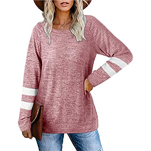 Fansu Sudadera de Manga Larga con Estampado de Rayas Cuello Redondo para Mujer - Sudaderas Sin Capucha Otoño e Invierno Juventud Moda Casual Anchas Sweatshirt Pullover (Rosado,L)