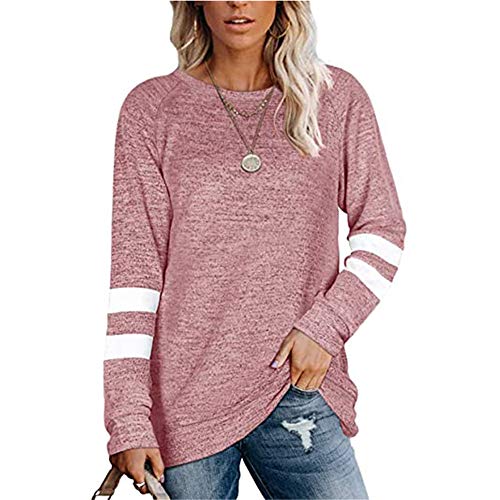 Fansu Sudadera de Manga Larga con Estampado de Rayas Cuello Redondo para Mujer - Sudaderas Sin Capucha Otoño e Invierno Juventud Moda Casual Anchas Sweatshirt Pullover (Rosado,L)