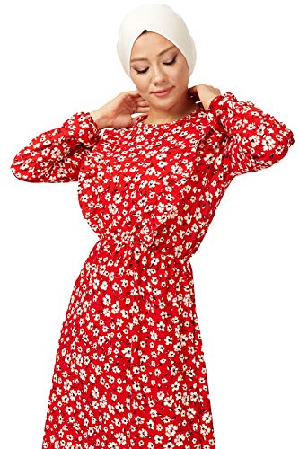 fashionByShe - Vestido maxi con estampado floral - Cuello redondo - Manga larga - Abaya - Tesetura - Vestido musulmán e islámico. rojo 44