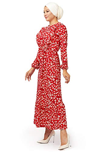 fashionByShe - Vestido maxi con estampado floral - Cuello redondo - Manga larga - Abaya - Tesetura - Vestido musulmán e islámico. rojo 44
