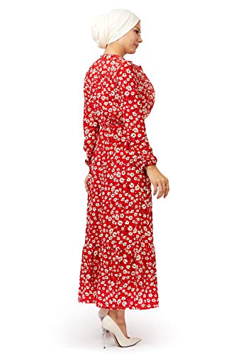 fashionByShe - Vestido maxi con estampado floral - Cuello redondo - Manga larga - Abaya - Tesetura - Vestido musulmán e islámico. rojo 44